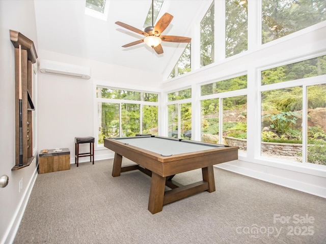 game room with a wall unit AC, light colored carpet, a high ceiling, and pool table