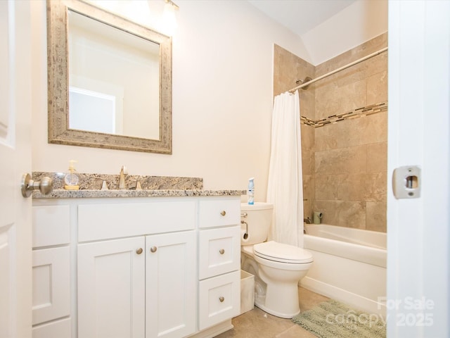 full bathroom featuring shower / bathtub combination with curtain, tile patterned floors, vaulted ceiling, toilet, and vanity