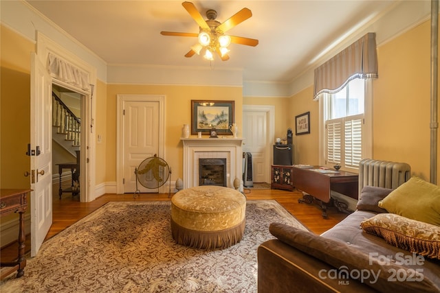 sitting room featuring hardwood / wood-style flooring, ceiling fan, radiator heating unit, and ornamental molding