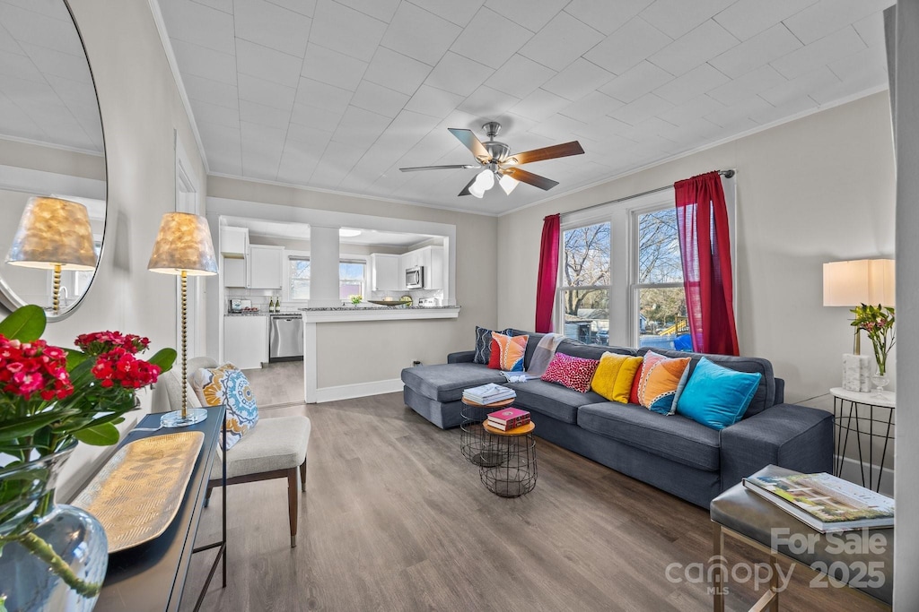 living room with ceiling fan, crown molding, and hardwood / wood-style floors