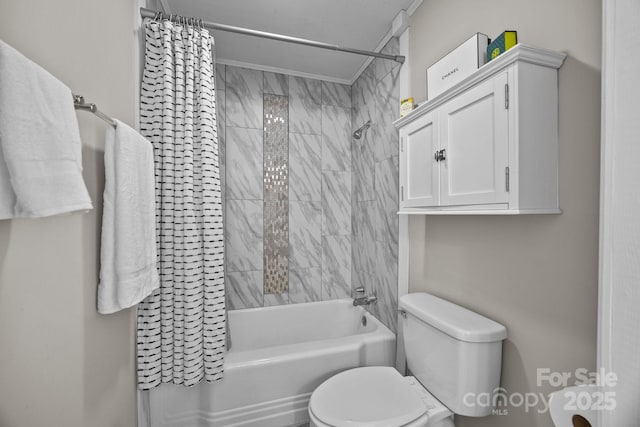 bathroom with toilet and shower / tub combo with curtain