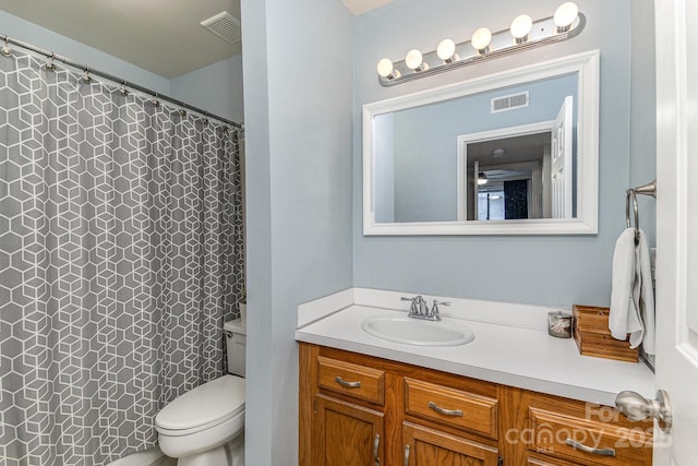 full bathroom with toilet, visible vents, and vanity