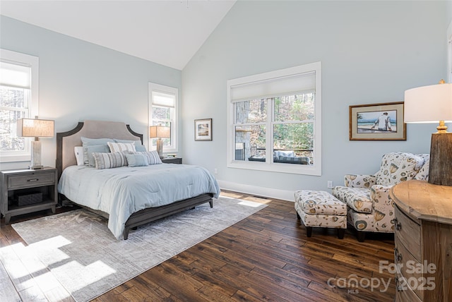 bedroom featuring high vaulted ceiling and dark hardwood / wood-style floors