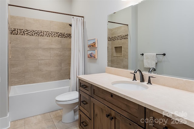 full bathroom featuring tile patterned flooring, vanity, shower / bath combination with curtain, and toilet