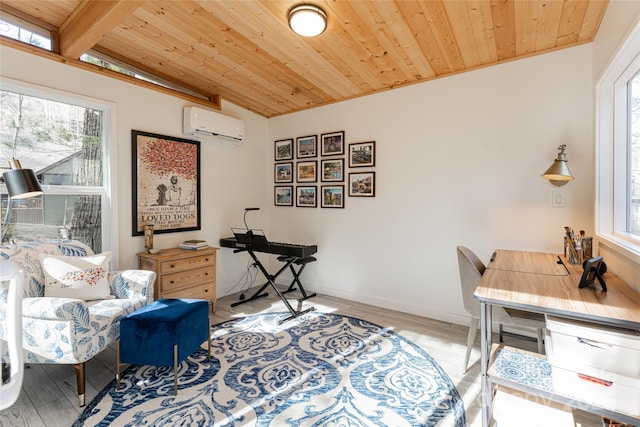 office featuring wood ceiling, lofted ceiling, a wall unit AC, and light hardwood / wood-style flooring