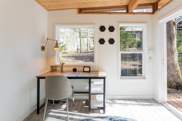 office space featuring wood ceiling, plenty of natural light, vaulted ceiling, and wood-type flooring