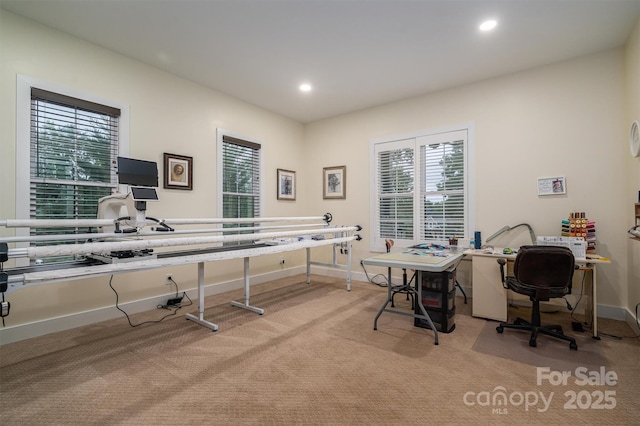 home office featuring light carpet