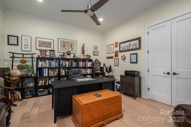 office area with ceiling fan, light hardwood / wood-style floors, and ornamental molding