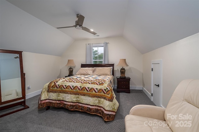 carpeted bedroom with ceiling fan and lofted ceiling