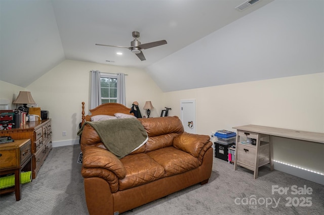 bedroom featuring ceiling fan, light colored carpet, and lofted ceiling