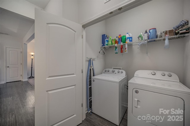 laundry area featuring dark hardwood / wood-style flooring and separate washer and dryer