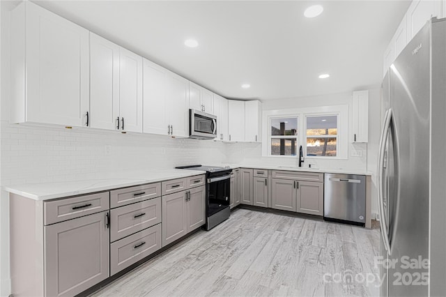 kitchen with appliances with stainless steel finishes, light wood-type flooring, backsplash, gray cabinetry, and sink