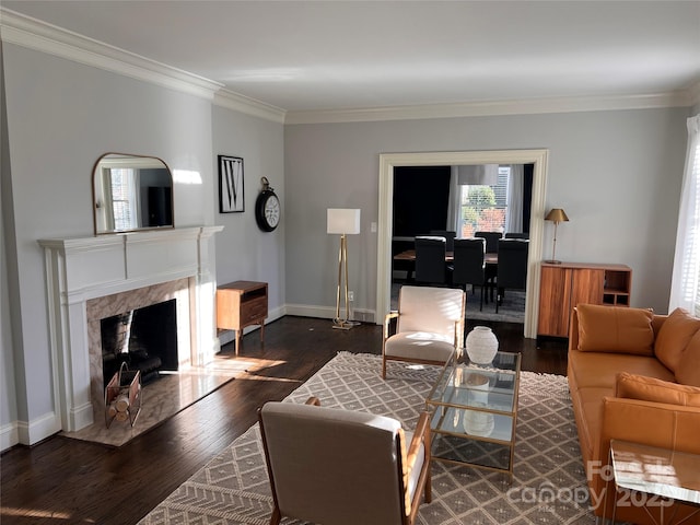 living room featuring dark wood-type flooring, a premium fireplace, and ornamental molding