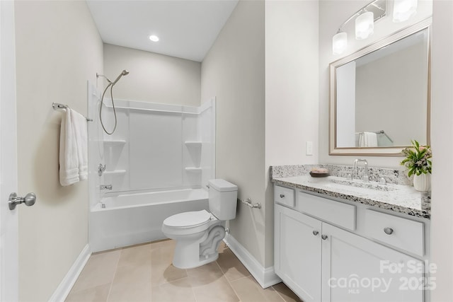 full bathroom featuring toilet, vanity, tile patterned flooring, and shower / washtub combination