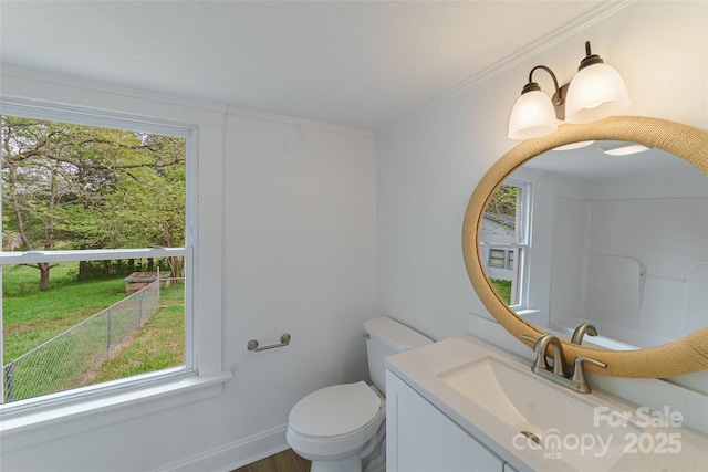 bathroom with vanity, ornamental molding, and toilet