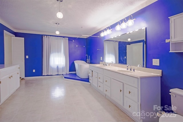 bathroom featuring a textured ceiling, vanity, and a bath