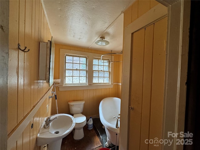 bathroom featuring a textured ceiling, wooden walls, and toilet