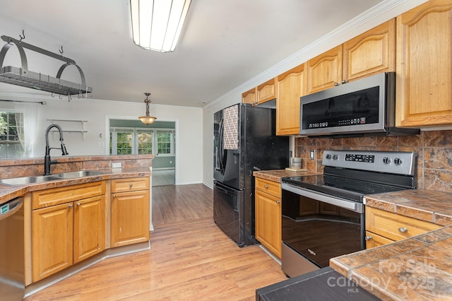 kitchen with appliances with stainless steel finishes, sink, a wealth of natural light, and light hardwood / wood-style flooring