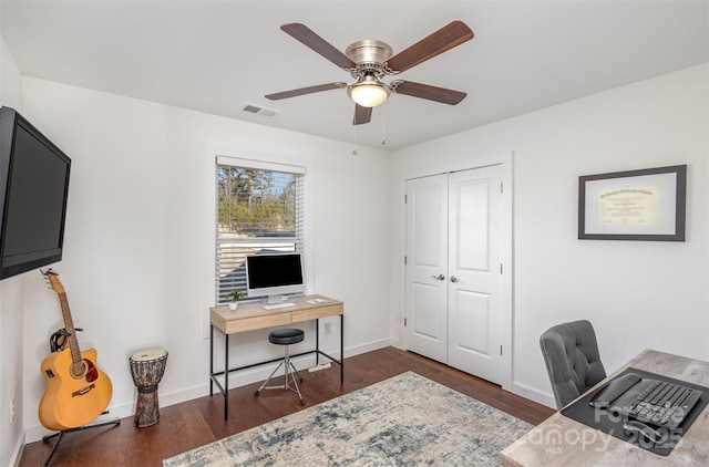 office featuring ceiling fan and dark hardwood / wood-style floors