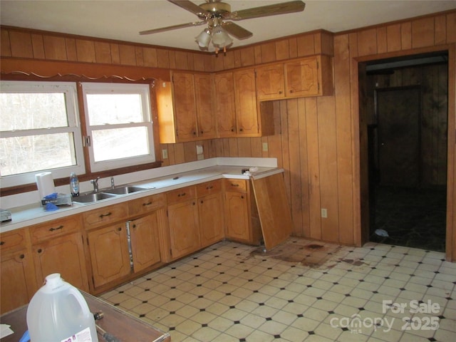 kitchen featuring ceiling fan, crown molding, sink, and wooden walls