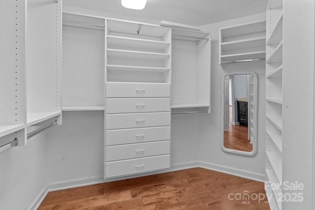 walk in closet with wood finished floors