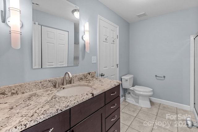 full bathroom featuring tile patterned floors, vanity, toilet, an enclosed shower, and visible vents
