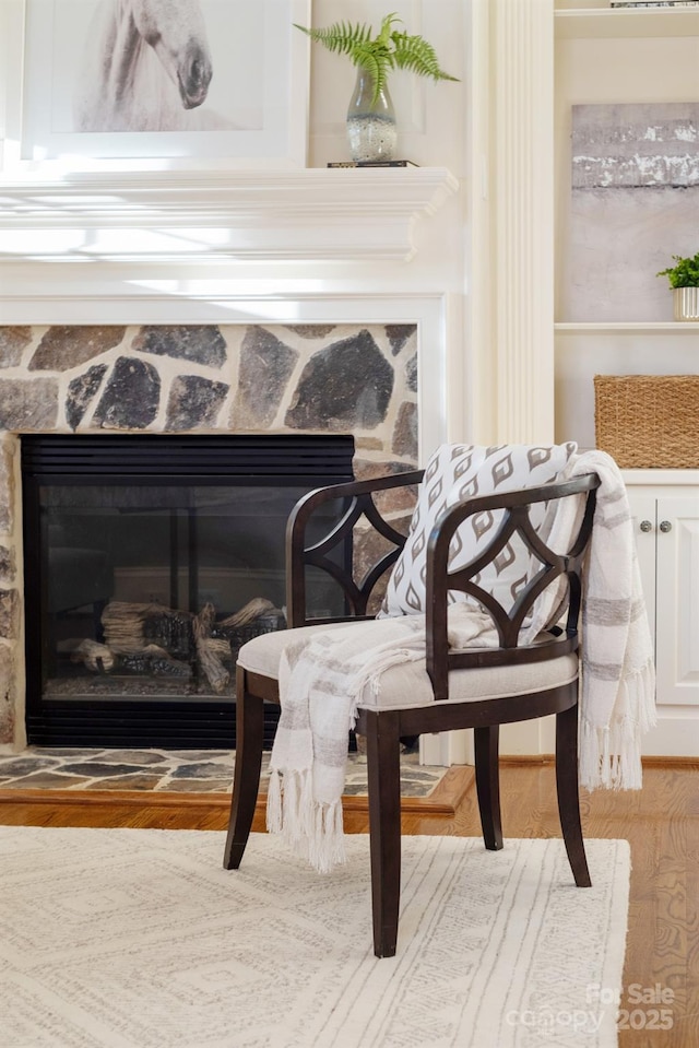 room details with hardwood / wood-style floors and a stone fireplace