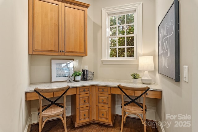 office with dark hardwood / wood-style flooring and built in desk