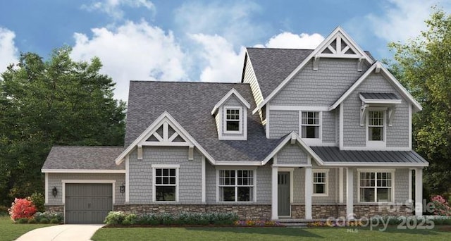 craftsman inspired home with a front yard and a garage