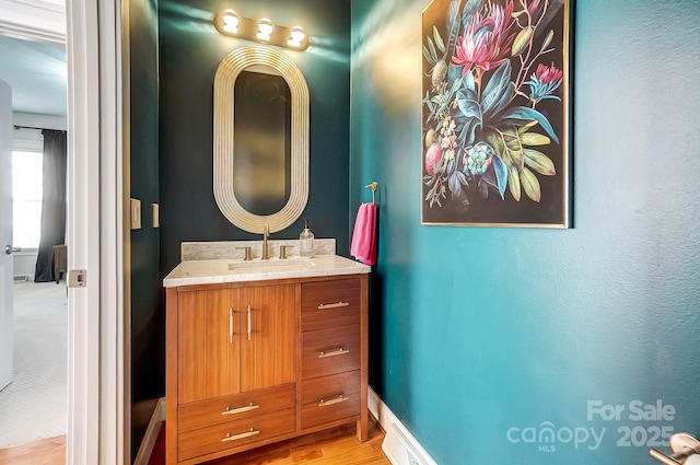 bathroom with hardwood / wood-style flooring and vanity