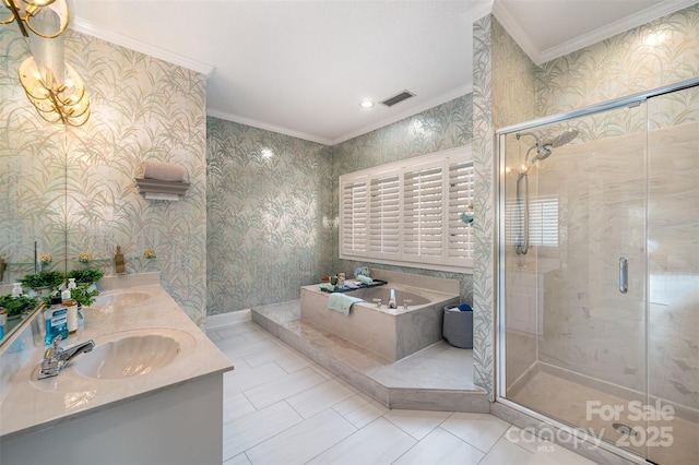 bathroom with ornamental molding, separate shower and tub, and vanity