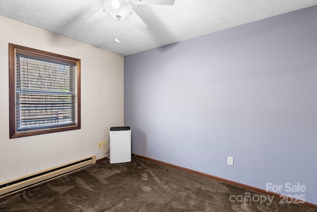 unfurnished room featuring a baseboard radiator, a textured ceiling, ceiling fan, and dark carpet