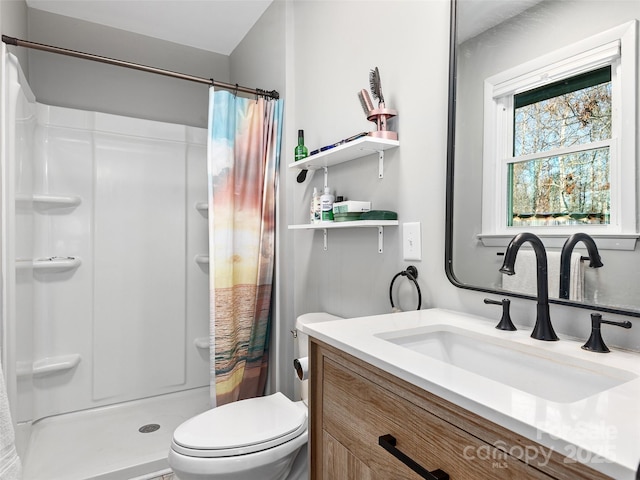full bathroom featuring vanity, a shower stall, and toilet