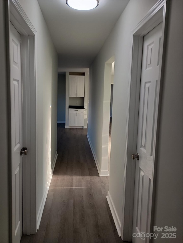 corridor with dark wood-type flooring