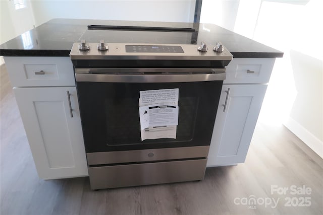 details featuring light hardwood / wood-style flooring, stainless steel range with electric cooktop, and white cabinets