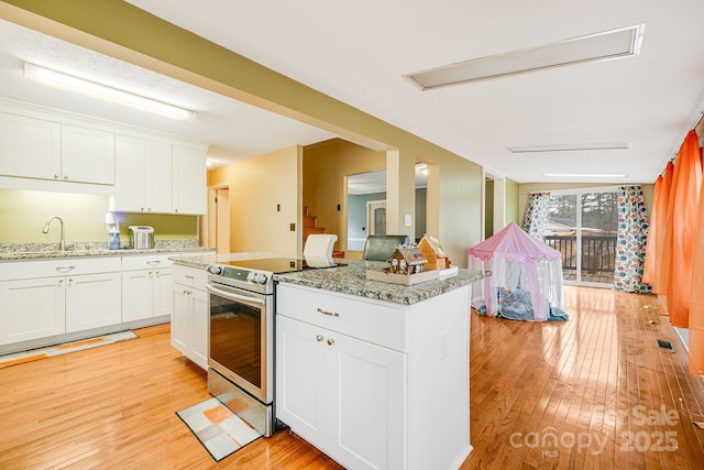 kitchen featuring white cabinetry, electric range, sink, and a center island