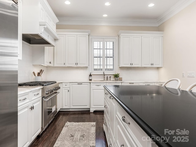 kitchen featuring high end stainless steel range, sink, crown molding, and white cabinetry