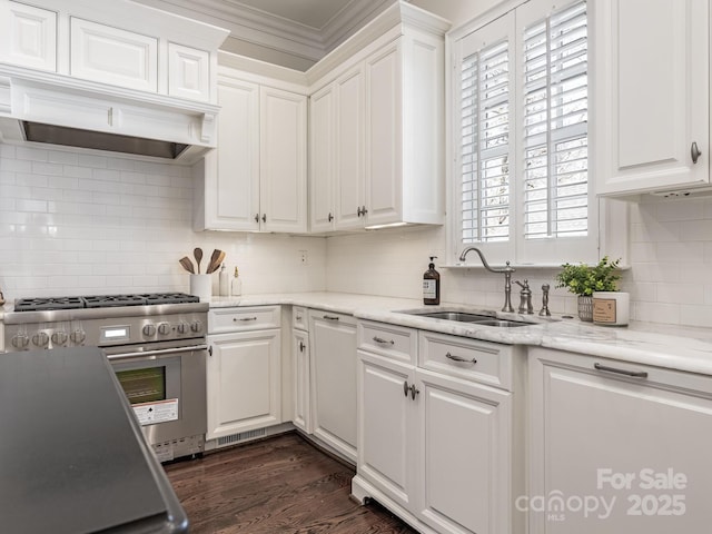 kitchen featuring decorative backsplash, sink, high end stainless steel range, and white cabinets