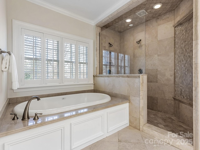 bathroom with tile patterned floors, crown molding, and plus walk in shower