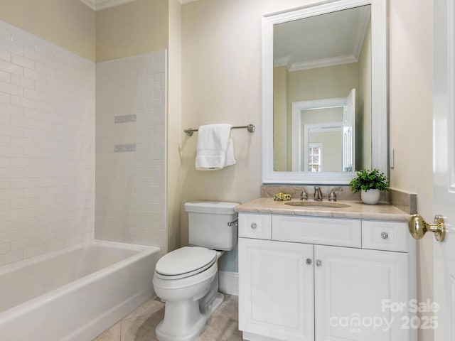 full bathroom featuring toilet, crown molding, tile patterned floors, and vanity