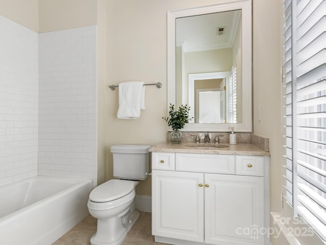 full bathroom with washtub / shower combination, toilet, vanity, and tile patterned flooring