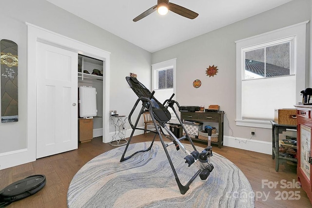 workout area with dark hardwood / wood-style flooring and ceiling fan