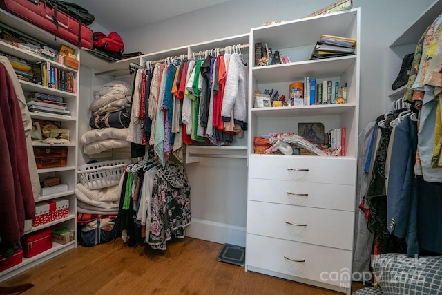 walk in closet with hardwood / wood-style floors