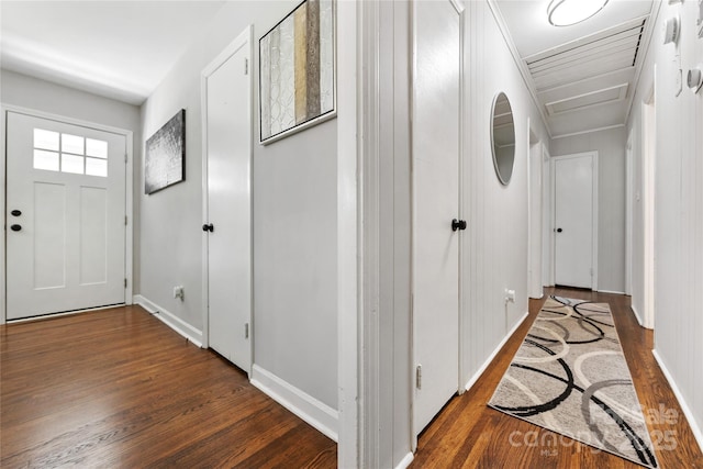 hallway featuring dark wood-type flooring