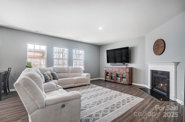 living room featuring dark wood-type flooring