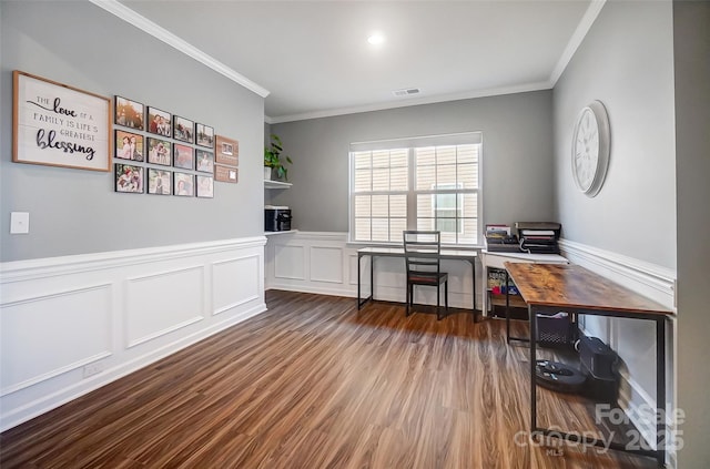 office space featuring ornamental molding and dark hardwood / wood-style flooring