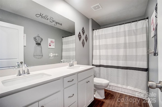 bathroom featuring a shower with shower curtain, toilet, vanity, and wood-type flooring