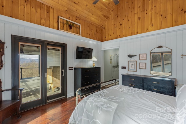 bedroom with access to outside, ceiling fan, high vaulted ceiling, wooden ceiling, and dark hardwood / wood-style floors