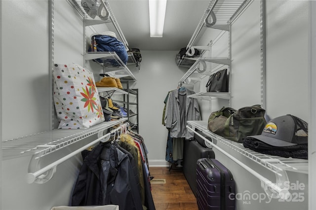 spacious closet featuring dark wood-type flooring