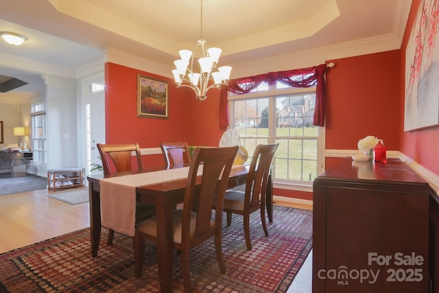 dining area with ornamental molding, wood-type flooring, a chandelier, and a tray ceiling